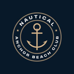 Vector circular nautical symbol formed by a tangled rope and an anchor in the middle. Blue background.