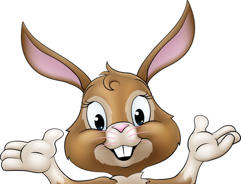 An Easter bunny rabbit cartoon character peeking around a sign