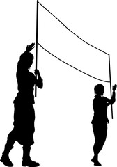 Two protestors or demonstrators at a demonstration march, picket line or strike protest rally in silhouette. Holding up a banner sign.