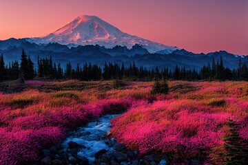 Pink sunset light on Mountain.  generative ai