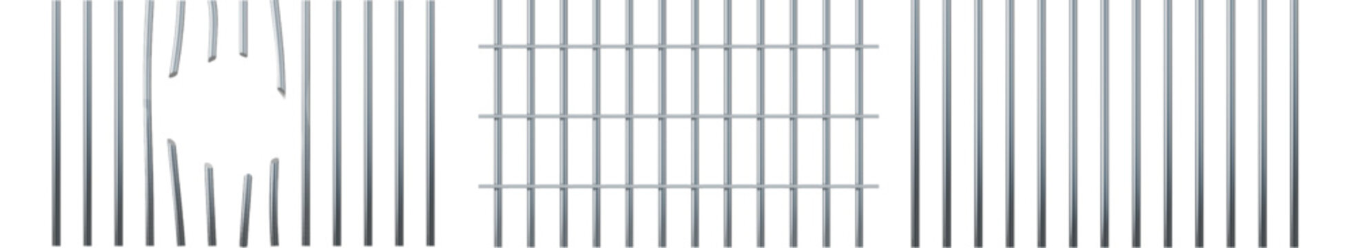 Set of realistic prison metal bars . Iron jail cage. Prison fence jail. Template design for criminal or sentence. Vector illustration