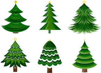 Set of green Christmas tree with yellow star. Clipart EPS  Vector illustration with transparent background. 
 Design template, for stickers, creating patterns,
 wrapping paper, for fabric, clothing.