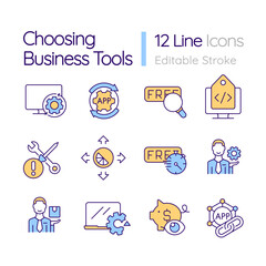 Choosing business tools RGB color icons set. Test usage period. Corporate software. Isolated vector illustrations. Simple filled line drawings collection. Editable stroke. Quicksand-Light font used