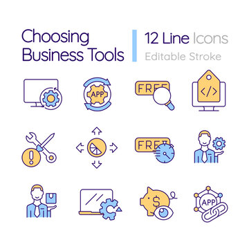 Choosing business tools RGB color icons set. Test usage period. Corporate software. Isolated vector illustrations. Simple filled line drawings collection. Editable stroke. Quicksand-Light font used