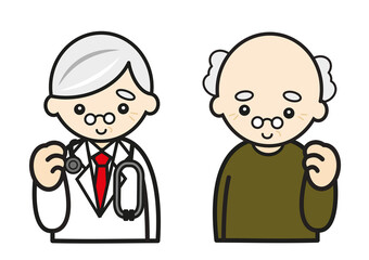 ガッツポーズの医者と高齢者の患者
