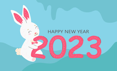 Happy New 2023 Year. CUTE RABBIT HOLDS THE NUMBERS
