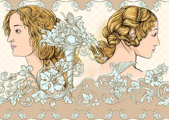 Portrait of a woman inspired by a painting by Renaissance artist Botticelli. Seamless pattern, background In baroque, rococo, victorian, renaissance style. Vector illustration
