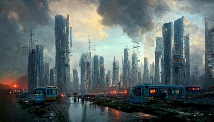 Naklejka premium Fantasy science fiction city. Digital painting. Fictional abstract realm. Futuristic concept art, colorful artistic landscape
