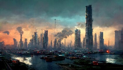 Naklejka premium Fantasy science fiction city. Digital painting. Fictional abstract realm. Futuristic concept art, colorful artistic landscape