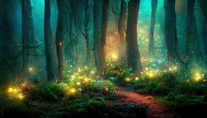Crédence de cuisine en verre imprimé Forêt des fées Mystical magical forest at night with glowing lights