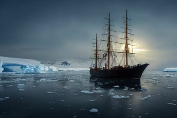 Fototapeta na wymiar Old derelict vessel, vintage sailing ship among the icebergs in Antarctica