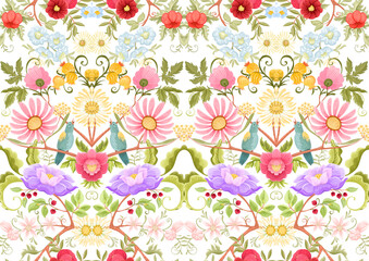 Fantasy flowers and birds in retro, vintage, jacobean embroidery style. Millefleurs seamless pattern, background. Vector illustration. Multicolor.