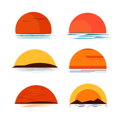 Sunset. Mountains, hills and water. Silhouette. Set.