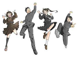 ジャンプする男女の学生　冬服　