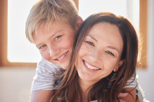 Happy, Portrait And Smile With Mother And Child For Bonding, Support And Embrace Together. Relax, Quality Time And Hug With Face Of Mom And Son In Family Home For Embrace, Gratitude Or Care Lifestyle