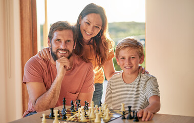 Family, chess and home youth brain development of a mother, father and child with a game. Happy kid...