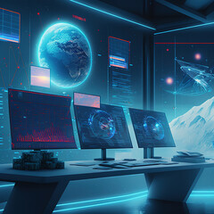 Fototapeta premium computer and technology, multiple workstations showing financial graphs