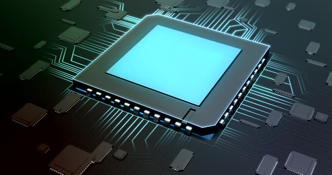 Concept animation shows the process of turning on the CPU in the motherboard. Digital pulses and signals from the chip propagate through the motherboard. 3d rendering.