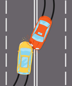 Vector of two car accident top view of vehicle collision. Road accident. Damaged transport. City drive disaster. Road collisition. Car crash semi flat color vector illustration
