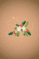 Neutral Christmas card made by holly and mistletoe framed by translucent snow