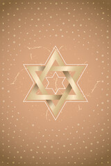 Neutral Hanukkah card made by white and golden stars of David framed by translucent snow