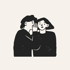 Young man whispering secrets into girl's ear. Confused young lady. Talking something to other person, gossip, rumor, secret concept. Hand drawn Vector illustration. Cartoon style. Cute characters