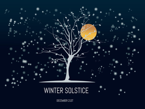 Winter solstice.december 21 .tree,branches with some leaves in white on dark background. 