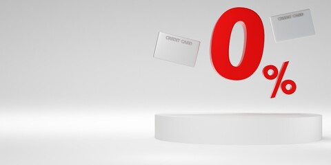 3D rendering of a 0 percent and credit card. Sale or Discount with special offers. - obrazy, fototapety, plakaty