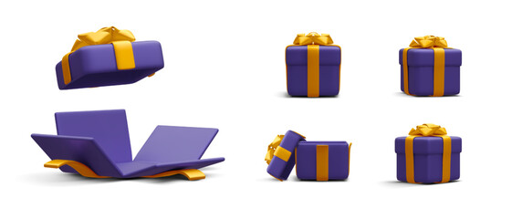 Set of 3d realistic gift boxes with gold ribbon isolated on white background. Surprise boxes. Vector illustration