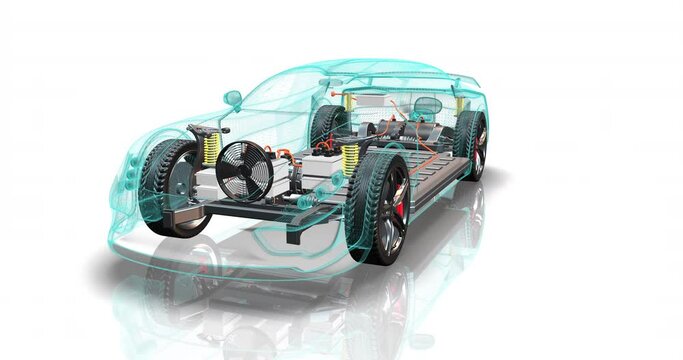 Modern generic electric vehicle chassis with wireframe body. All parts are visible. Futuristic technology 4k 3d concept animation.