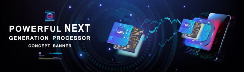 Technological background with powerful processor. New generation processor with large number cores. New generation chipset. Digital chip for computer. Digital computer technologies and communications