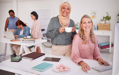 Fototapeta premium Business diversity, creative collaboration and women office employees working together on digital marketing, design and advertising project. Startup design leadership, Muslim woman and a happy smile