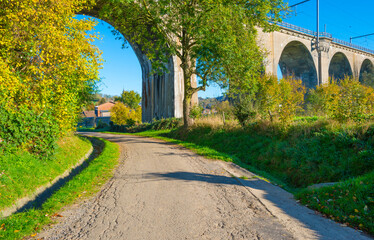 Fields and trees in a green hilly grassy landscape under a blue sky in sunlight in autumn, Voeren, Limburg, Belgium, November, 2022