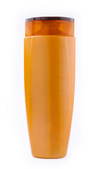 yellow plastic bottle with shampoo gel on white background