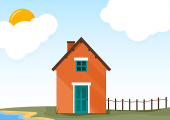 Small detached orange house in scandinavian style