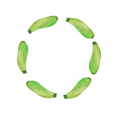 Frame with zucchini. Watercolor hand drawn frame with farm illustration on white background.