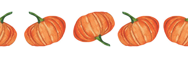 Pumpkin border.Farm.Watercolor border on white background.Natural hand drawn border element