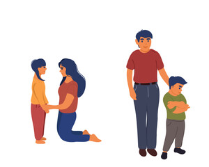 Parents raise children. Punishment. Mom is talking to her daughter. Father with son. Flat vector illustration