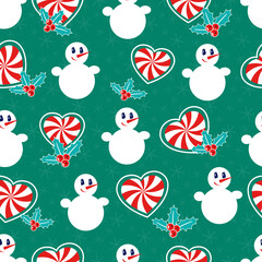 Snowman. Seamless vector pattern with stylized snowmen, mistletoe and heart-shaped candy canes. Winter pattern - 547120575