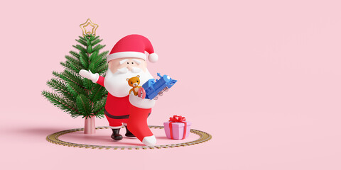 Christmas tree with Santa claus, steam train toy, christmas socks  isolated on pink background for website, poster or Happiness cards, Christmas banner, festive New Year, 3d illustration render