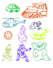 Set of toys hand draw illustration in outline style, and various color