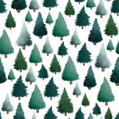 Obraz premium Green Christmas trees watercolour painting seamless pattern design illustration on white background