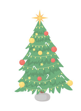 Christmas tree with star topper semi flat color vector object. Editable element. Full sized item on white. Festive decorating simple cartoon style illustration for web graphic design and animation