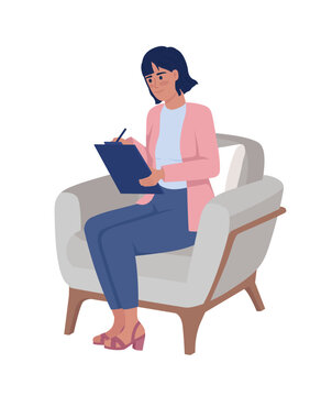Woman with clipboard in armchair semi flat color vector character. Editable figure. Full body person on white. Simple cartoon style illustration for web graphic design and animation