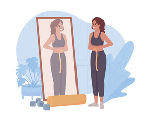 Weight loss with exercising 2D vector isolated illustration. Woman measuring waist flat character on cartoon background. Sport colourful editable scene for mobile, website, presentation