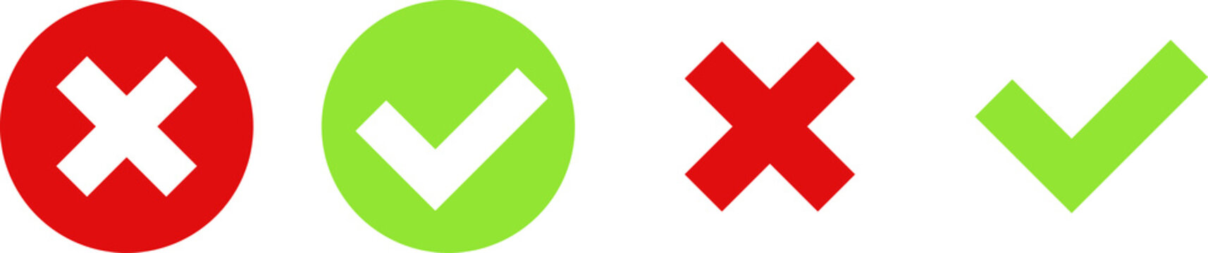 Green check mark, red cross mark icon set. Icon for an application or website. Green and red OK and X icon. Flat and modern checkmark design, vector illustration on transparent background. PNG image