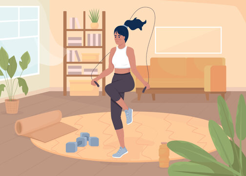 Woman jumping on rope flat color vector illustration. Active sports training at home. Healthy lifestyle and wellbeing. Fully editable 2D simple cartoon character with living room on background