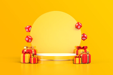 Orange Podium for Product Display with gift boxes and discount element, promotional shopping sale banner,black friday sale concept 3d rendering.