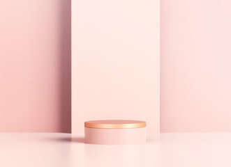 Pastel color geometric cylinder podium for promotion product display, Minimal scene with podium for products showcase, product presentation, cosmetic product show, stage pedestal 3D Rendering.