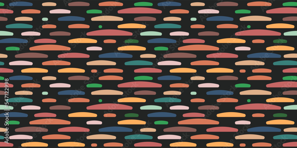 Poster Pebbles on a black background. Seamless pattern of multicolored stones with a bulge at the bottom. For print and stylish decor, seamless patterns and textures. Forms slightly stretched in width.